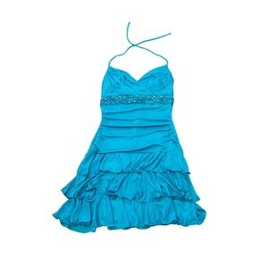 Vintage 1990s City Triangles Blue Turquoise Ruffle Bodycon Dress Sequin V-neck